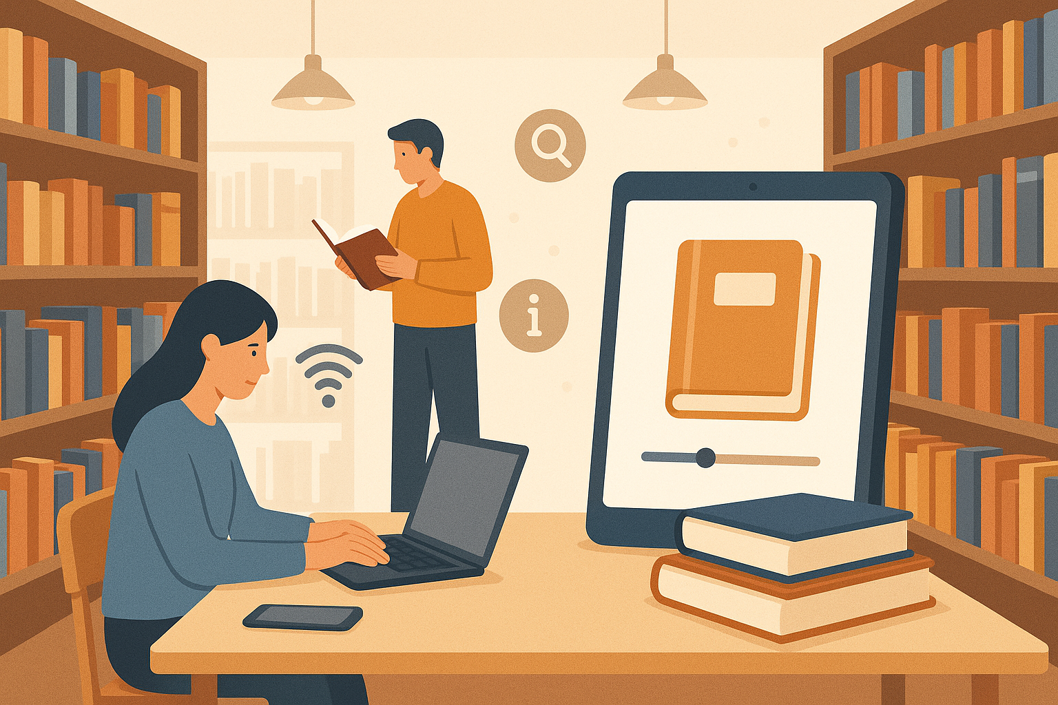 ilustración que muestra una biblioteca moderna. En primer plano, una mujer trabaja en un portátil sobre una mesa de madera, con un teléfono móvil al lado y varios libros apilados. Al fondo, un hombre de pie hojea un libro frente a estanterías llenas. A la derecha, una gran tableta muestra la imagen de un libro digital. En el aire flotan iconos de conexión Wi-Fi, búsqueda e información, simbolizando la unión entre la lectura tradicional y las nuevas tecnologías