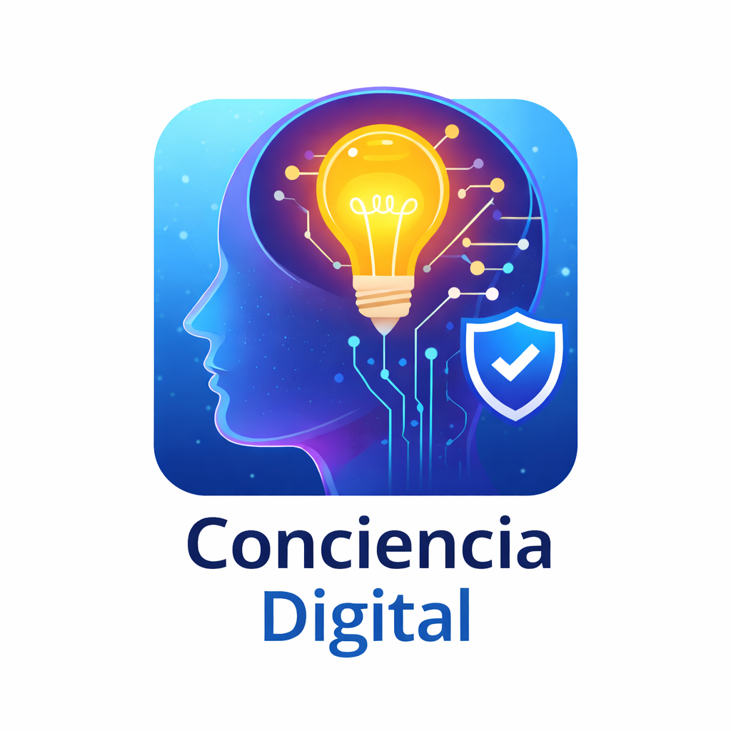 Icono de Conciencia Digital que representa una mente con una bombilla encendida y símbolos de tecnología, reflexión y seguridad digital.