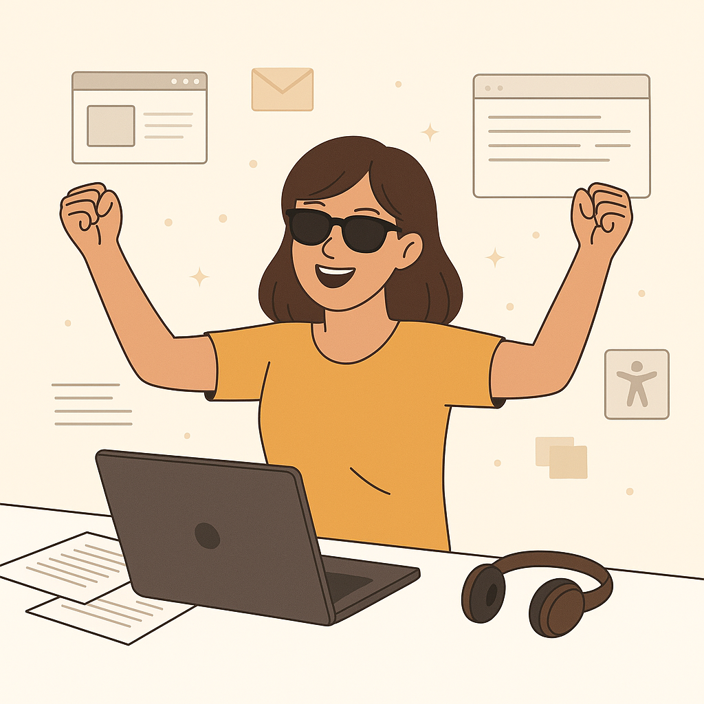 Ilustración de una mujer celebrando frente al ordenador: logro y aprendizaje accesible.