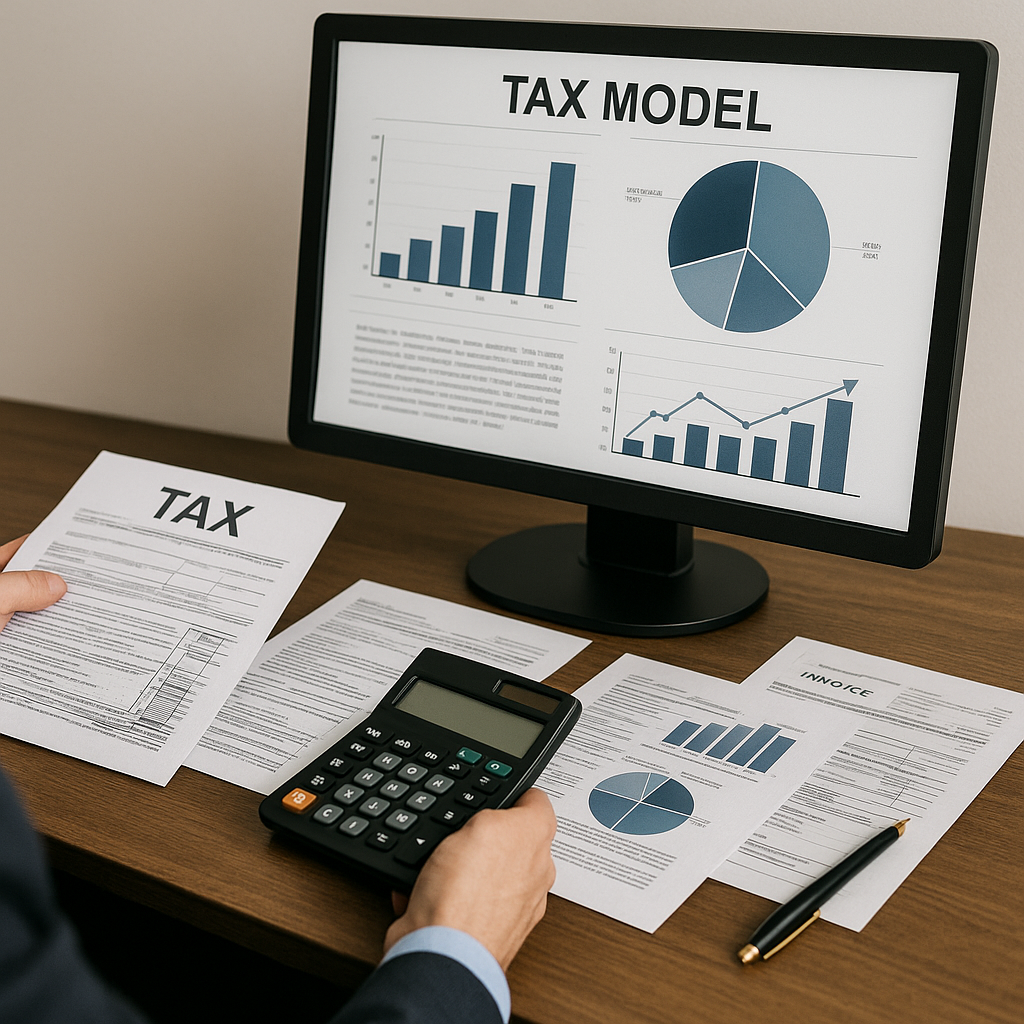 un asesor fiscal revisando modelos tributarios en la pantalla de un ordenador, con gráficos y documentos oficiales sobre impuestos mientras sostiene una calculadora.