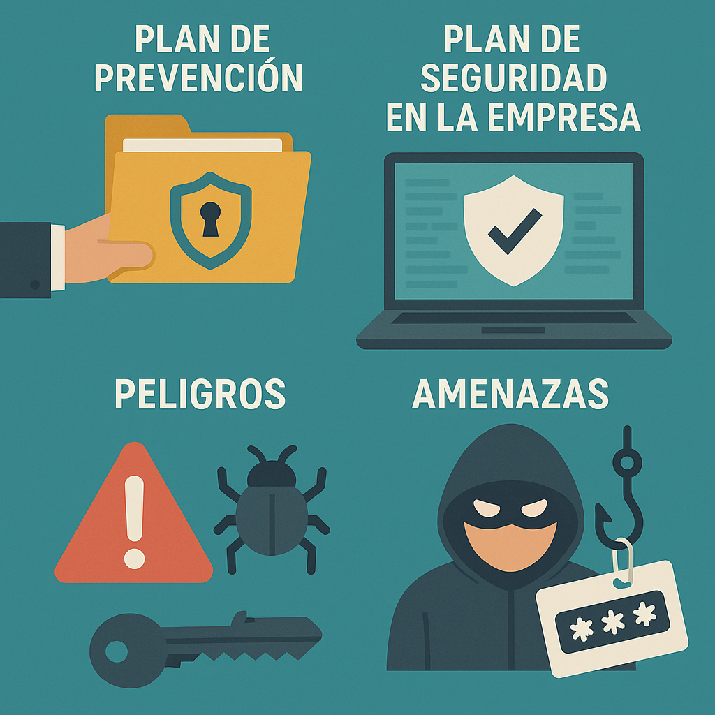 Ilustración sobre ciberseguridad dividida en cuatro partes: plan de prevención, plan de seguridad en la empresa, peligros y amenazas. Muestra iconos de carpeta con candado, portátil con escudo, señal de alerta, virus, llave y un hacker con contraseña robada.