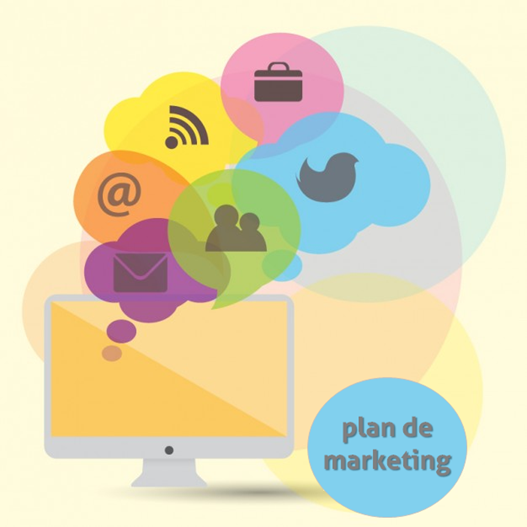 La imagen muestra una computadora con una pantalla amarilla de la que emergen burbujas de colores, cada una con un ícono diferente: una maleta, el símbolo de RSS, un símbolo de arroba, un sobre postal, dos figuras humanas y un pájaro estilizado. En la parte inferior derecha, hay un círculo azul con el texto 'plan de marketing'. Las burbujas simbolizan diferentes aspectos del marketing digital.